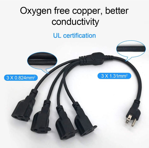 Three Prong To Four Way Power Cord Splitter 20 Inch Heavy Duty Extension Cord With Four Outlets Y Style Cable 16 Awg on white background