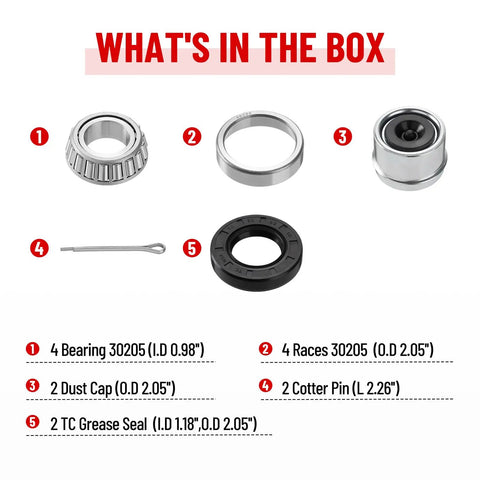 Two Pack 30205 Trailer Bearings Kit With Races And TC 30x52x10mm Seals Dust Covers And Cotter Pins For 25mm Axles components