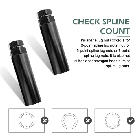 Two black Beefy 1 Piece 6 Spline Lug Nut Socket Locking Key For Wheel Locks, each with long 90mm design, fits 21mm and 22mm hex sockets.