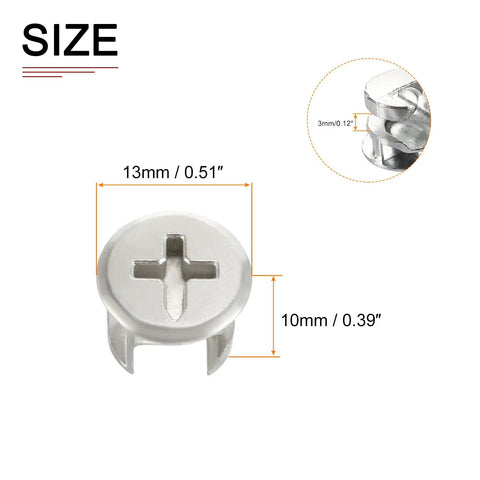 Solid Zinc Alloy Cam Lock Nuts For Furniture Repair Hella Sturdy Nickel Plated Connectors 13mm wide 10mm tall for DIY projects.