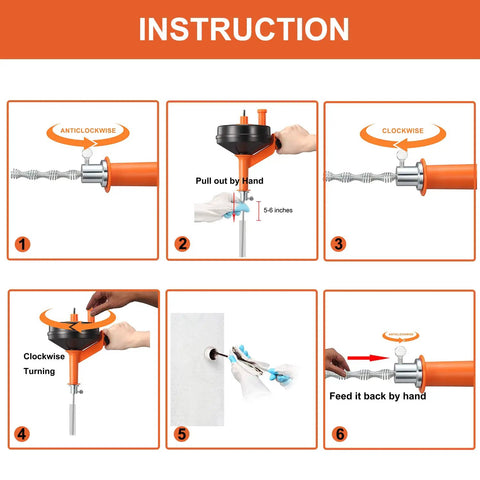 Instructions for using Drain Auger Clog Remover With Drill Adapter, 25 Feet Flexible Plumbing Snake showing steps with steel cable.