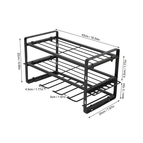 Heavy Duty Wall Mounted Drill Rack Black Steel Tool Holder Featuring 150 Pound Load Rating Quick Screw Assembly System for garages and shops, dimensions labeled.