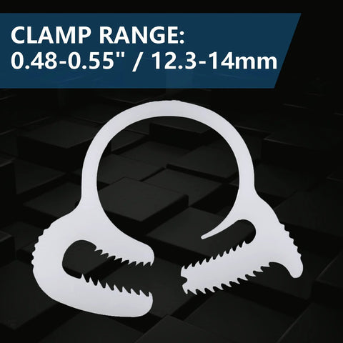 Twenty Piece Heavy Duty Double Snap Grip Nylon Hose Clamps Set With Ratcheting Adjustable Clamps shown with clamp range text