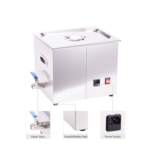 Degassing Ultrasonic Cleaner 10L For DPF PCB And Jewelry Cleaning with drain valve, nonskid rubber pads, and power socket.