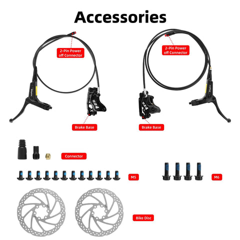4-piston e-bike hydraulic disc brake kit with 160mm rotors, pre-bled with mineral oil, includes two levers.