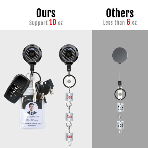 Upgraded Heavy Duty Retractable Keychain With Belt Clip And 31.5 Inch Stainless Steel Cord 10 Oz Retraction For More Keys 3K Carbon Fiber ID Badge Reel Holder With Strap And Key Ring 2 Pack comparison showing weight support difference.