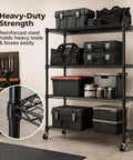Heavy Duty Four Tier Industrial Metal Storage Rack That Rolls Smooth With Lockable Casters And No Tool Quick Assembly For Garage Or Workshop Built Tough Max Load Capacity with black reinforced steel frame holding toolboxes.