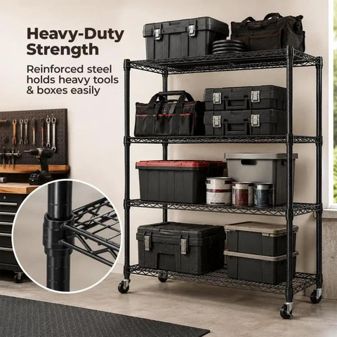 Heavy Duty Four Tier Industrial Metal Storage Rack That Rolls Smooth With Lockable Casters And No Tool Quick Assembly For Garage Or Workshop Built Tough Max Load Capacity with black reinforced steel frame holding toolboxes.