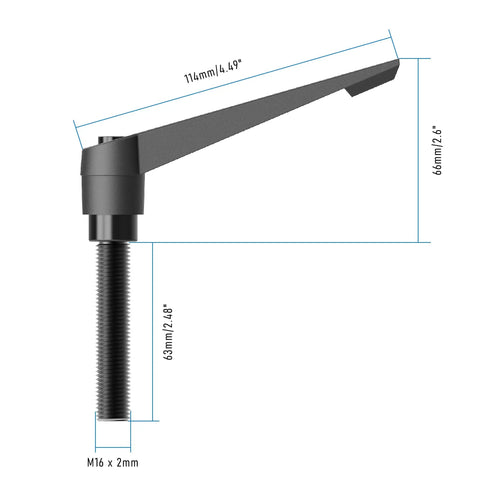 Hardcore Adjustable Clamping Lever Handle M16 X 63MM Male Thread Quick Release Locking Rotary Knob side view with dimensions.