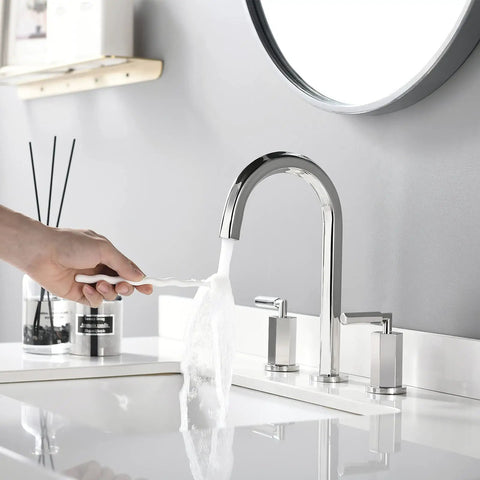 Two Handles Three Hole Hexagonal High Arch Polished Chrome Widespread Bathroom Faucet With Stainless Steel Pop Up Drain 8 Inch Center Set Slick Modern Contemporary Design NS-WF001-6-C in use, showing water flow.