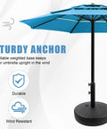 Heavy Duty Outdoor Umbrella Base Stand With Water Or Sand Fill 50 Lb Weight Capacity 20 Inch Black Base for Patio Garden Market Lawn All Weather HDPE Construction With Galvanized Steel Interior supporting a blue umbrella