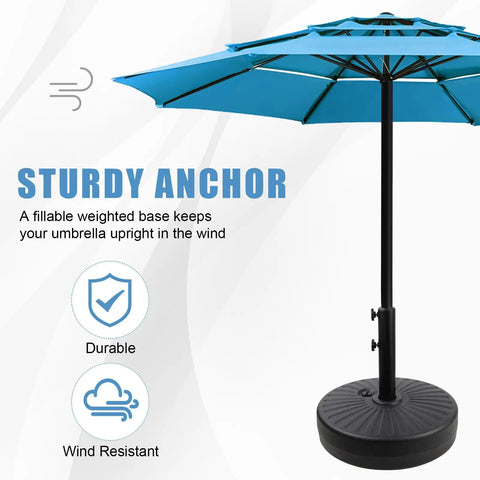 Heavy Duty Outdoor Umbrella Base Stand With Water Or Sand Fill 50 Lb Weight Capacity 20 Inch Black Base for Patio Garden Market Lawn All Weather HDPE Construction With Galvanized Steel Interior supporting a blue umbrella