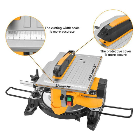 Eight and a Quarter Inch Two In One Compound Miter Saw and Table Saw for Wood and Metal, top view showing scale and protective cover.