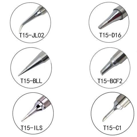 Pro Grade Soldering Iron Tip Kit T12/T15, 6Pcs For Micro Soldering, showing six different T15 copper-iron alloy tips JL02, D16, BCF2, BLL, ILS, C1.
