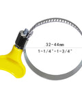 Close-up of a stainless steel worm gear hose clamp with a yellow handle, adjustable from 32-44mm for plumbing and automotive use.