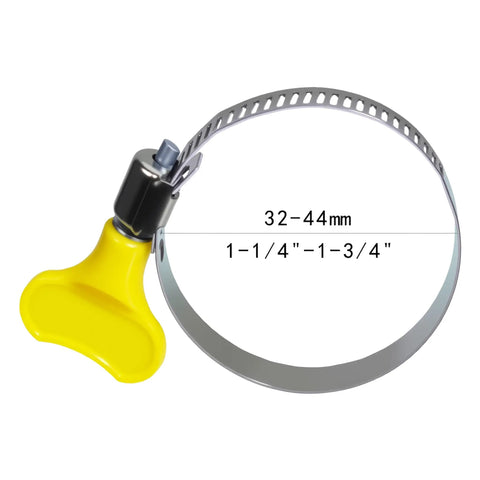 Close-up of a stainless steel worm gear hose clamp with a yellow handle, adjustable from 32-44mm for plumbing and automotive use.
