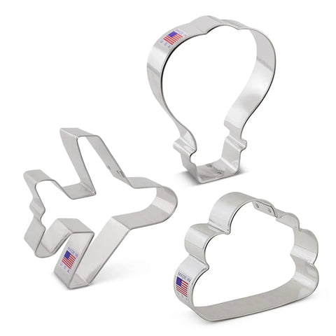 Adventure Travel Cookie Cutter Set, 3-Piece Made in USA, Hot Air Balloon, Cloud, and Airplane Shapes for Cookies, metal cutters
