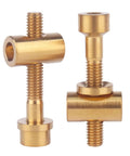 Hella Durable Grade Five Titanium M5x30mm Bolts With Smooth Flat Washers And Secure Hex Nuts in shiny gold finish for cycling seatposts.