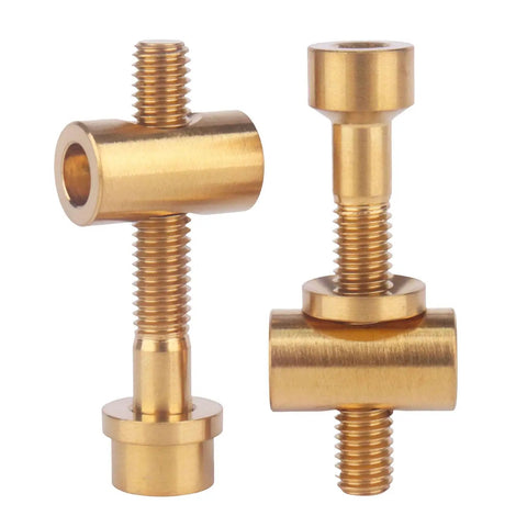 Hella Durable Grade Five Titanium M5x30mm Bolts With Smooth Flat Washers And Secure Hex Nuts in shiny gold finish for cycling seatposts.