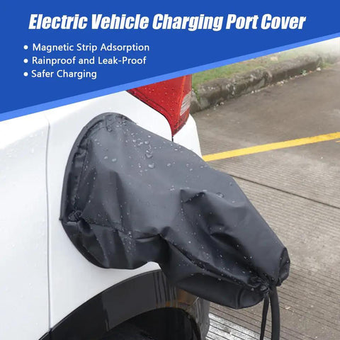 All Weather Magnetic EV Charger Port Cover Chrysler Pacifica Hybrid on a wet EV charging port, showcasing waterproof material.