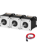 Front view of three YEJMKJ NEMA 17 bipolar stepper motors with silver faceplates and attached multi-colored 4-lead cables