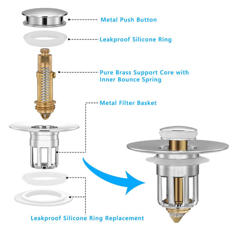 Full Brass Universal Pop Up Sink Stopper Set Pack Of 2 With Detachable Filter Basket Hair Catcher Chrome Finish Durable Drain Strainer components