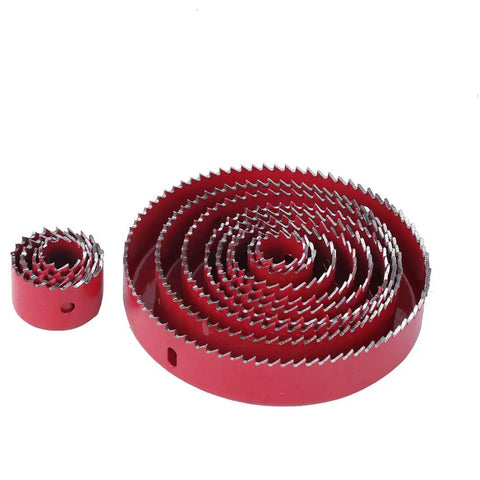 Ultimate 16-Piece Hole Saw Kit Made From Heavy Red Steel For Cutting Wood PVC Pipe And Plastic Boards Perfect For Pro Work Or Serious DIY Home Projects To Make Any Cut Look Totally Rad And Professional. spiral red steel hole saw cutters