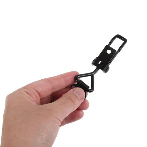 Super Cool 12 Pc Heavy Duty Black Adjustable Toggle Clamps securely lock down gear cabinets, shown in hand for scale.