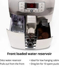 Top Shelf Stainless Steel Espresso Machine Featuring Fifty Four Ounce Water Tank with front loaded water reservoir and control panel.