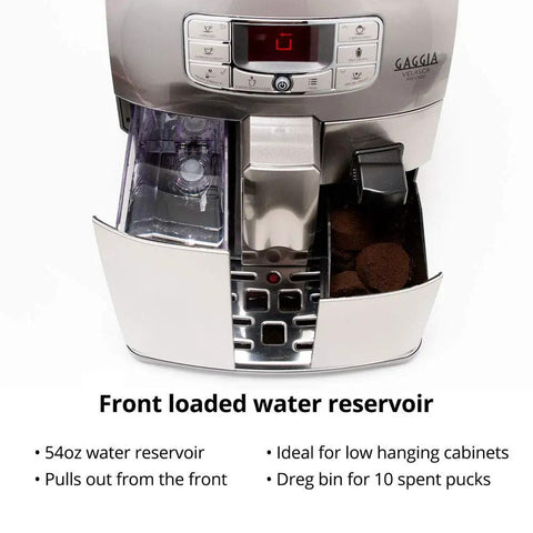 Top Shelf Stainless Steel Espresso Machine Featuring Fifty Four Ounce Water Tank with front loaded water reservoir and control panel.