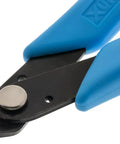 Close-up of Pro Grade Micro Shear Flush Cutter 18 AWG Capacity Five Inch Overall Length Alloy Steel Construction Great For Electronics Jewelry Making And Craft Solder Work with blue grips.