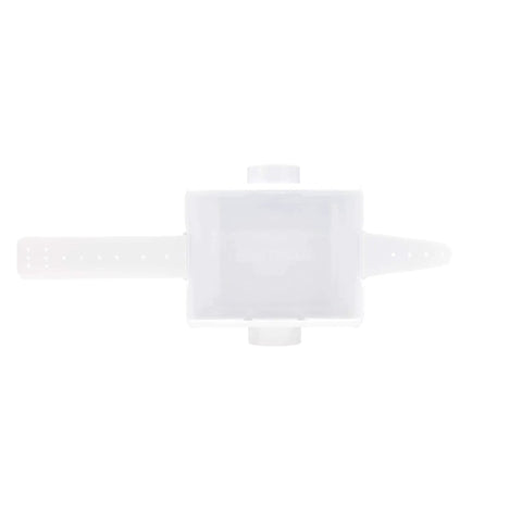 Universal Washer Hookup Box With Center Drain Outlet And Raised Drip Guard Featuring Heavy Duty Recessed Plumbing Frame No Valve Included No Brainer Setup Ready To Rock For Laundry Rooms shown from above, white plastic, recessed design size 8.75 x 3.5 x 10.25 inches.