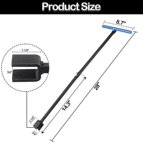 Adjustable Water Meter Key With 15 Inch And 28 Inch Lengths for Opening Meters, blue handle, dimensions labeled, multifunctional tool