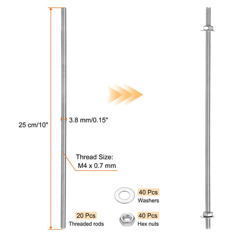 20 Pieces M4 Threaded Rods Kit With 40 Hex Nuts And Washers, 10 Inch Length, 201 Stainless Steel Right Hand Threads, Full Thread, Perfect For Hangers U Bolts Garden Stakes And More, Silver, shown with M4 x 0.7 mm size