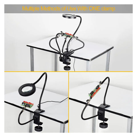Third Hand Desk Clip Soldering PCB Holder Tool With 3X LED Magnifier And 5Pcs Helping Arms for workshop use, adjustable clamp on desk