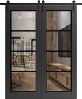 Sturdy Double Barn Doors With Clear Glass And Matte Black Hardware That Look Boss, two 30x96 interior panels on 13 ft rail