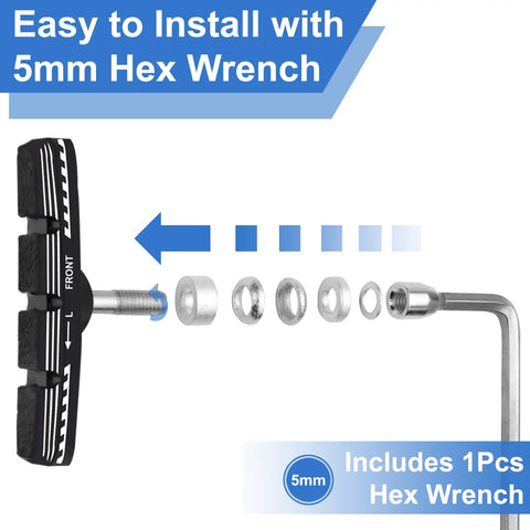 Image of 70mm Universal V Brake Pads Set with included 5mm hex wrench, nuts, and shims for mountain and road bikes.