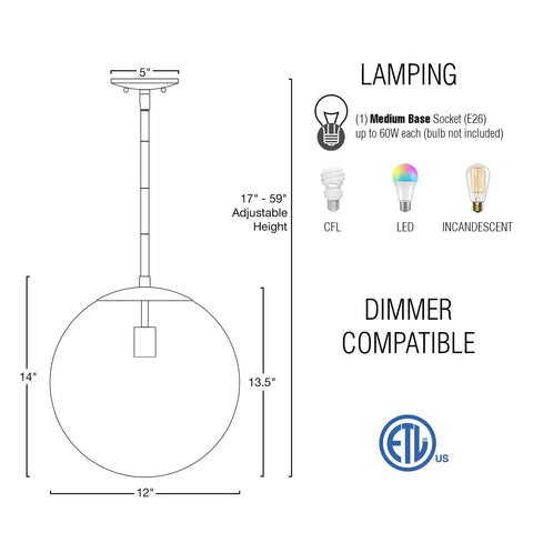 Ceres 14-Inch Mid Century Modern Globe Pendant Light With Frosted Glass Orb Warm Brass Finish size and lamping specifications diagram