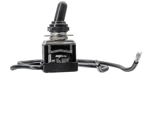 Close-up of 25 Pack Heavy Duty Toggle Switches 20/15A 125/277V 2 HP with waterproof rubber boot and leads, 1/2 inch panel mount.