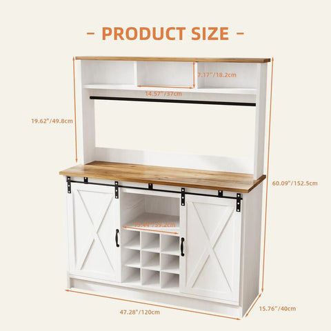 Product size illustration of Premium White Farmhouse Coffee Bar Cart With Sliding Barn Doors Open Storage Hutch Integrated Wine Rack.