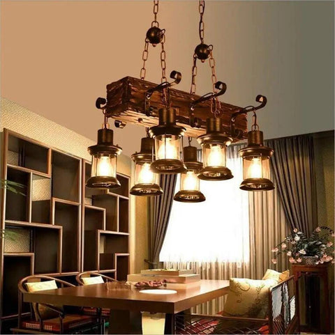 Rustic Farmhouse Linear Pendant Light With Wood Beam hanging over dining table, 6 lights, industrial chandelier, vintage decor