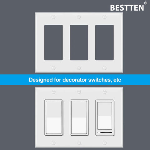 Two Pack 3 Gang Decorator Wall Plate Cover for GFCI Outlets and Dimmer Switches, Unbreakable Polycarbonate, White, Standard Size, UL Listed