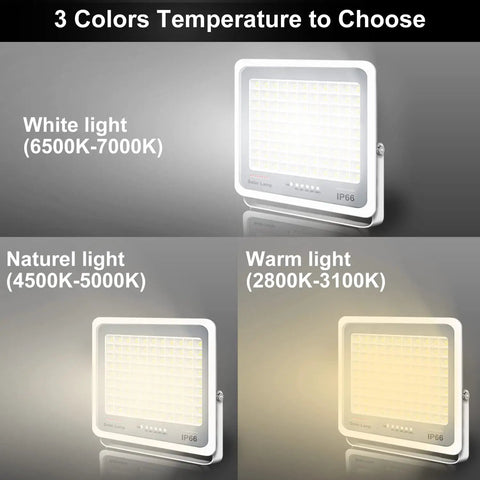 Three solar flood lights showing color temperature options from 2800K to 7000K for Two Pack 300W Solar Flood Lights Outdoor With Remote