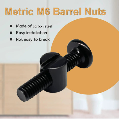 Close-up of 76 Piece M6 Barrel Nut Set Black Carbon Steel Heavy Duty With Galvanized Finish for beds and woodworking hardware