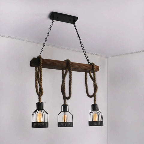 Farmhouse Pendant Light For Kitchen Island With Black Metal And Wood Beam Finish, Rustic Dining Room Ceiling Fixture