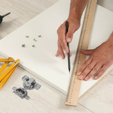 Setting up 2 Pack Invisible Cabinet Hinges For Kitchen Cabinets, Soft Close With Buffer. Measuring alignment with ruler and pencil.