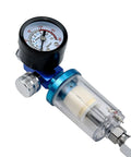 Heavy Duty Spray Gun Pressure Regulator With Integrated Oil Water Separator Filter For Airbrush And Auto Detailing Quick Connect Moisture Trap, features pressure gauge and transparent filter.