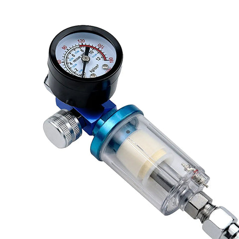 Heavy Duty Spray Gun Pressure Regulator With Integrated Oil Water Separator Filter For Airbrush And Auto Detailing Quick Connect Moisture Trap, features pressure gauge and transparent filter.
