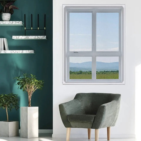 Adjustable DIY Magnetic Window Screen With Fine Fiberglass Mesh For 23 By 32 Inch Openings In White Window Frames With Grey Mesh Lightweight Durable Yet Breathable Easy To Install And Reusable Keeps Bugs Out While Letting Fresh Air In