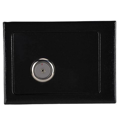 Front view of a black steel safe box with key lock for home and office use, heavy-duty anti-theft jewelry cash and document storage.